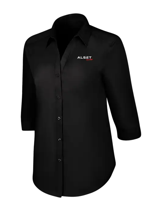 Womens Black 3/4 Sleeve Carefree Poplin Shirt w/Alset Auto Logo
