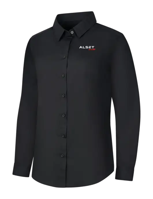 Womens Black Long Sleeve Carefree Poplin Shirt w/Alset Auto Logo