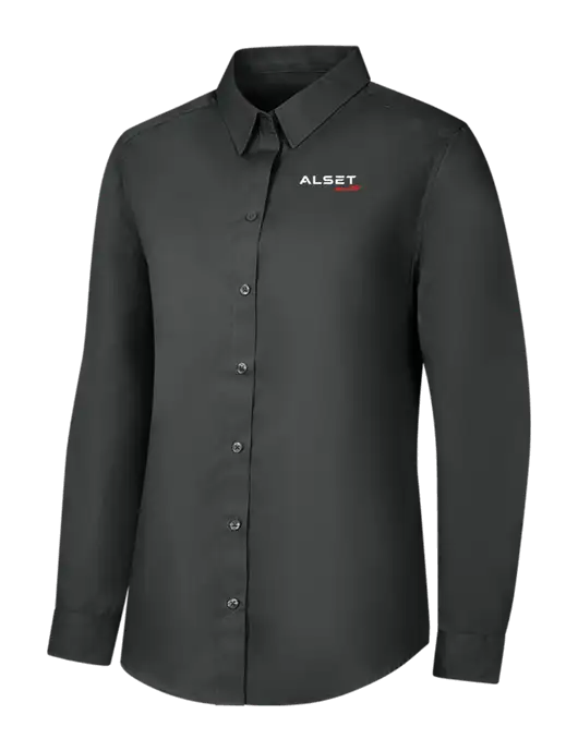 Womens Dark Grey Long Sleeve Carefree Poplin Shirt w/Alset Auto Logo