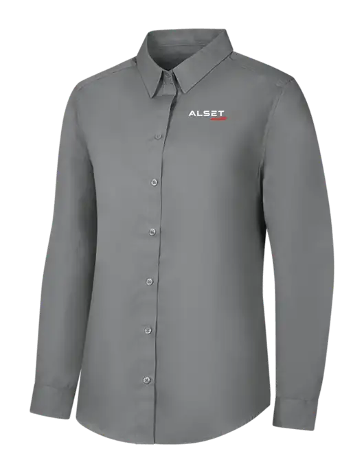 Womens Medium Grey Long Sleeve Carefree Poplin Shirt w/Alset Auto Logo