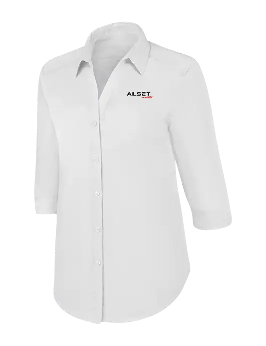 Womens White 3/4 Sleeve Carefree Poplin Shirt w/Alset Auto Logo