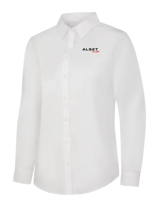 Womens White Long Sleeve Carefree Poplin Shirt w/Alset Auto Logo