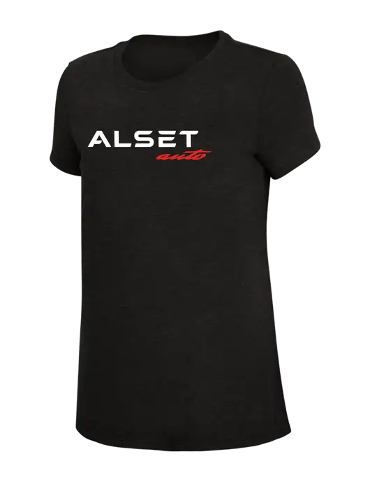 Womens Simply Soft Black 4.5oz Poly/Combed Ring Spun Cotton T-Shirt w/Alset Auto Logo
