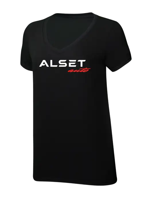 Womens Simply Soft V-Neck Black 4.5oz  Poly/Combed Ring Spun Cotton T-Shirt w/Alset Auto Logo