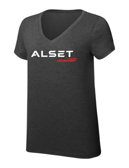 Womens Simply Soft V-Neck Black Frost 4.5oz  Poly/Combed Ring Spun Cotton T-Shirt w/Alset Auto Logo