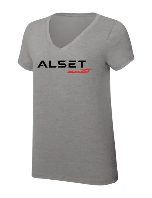 Womens Simply Soft V-Neck Grey Frost 4.5oz  Poly/Combed Ring Spun Cotton T-Shirt w/Alset Auto Logo