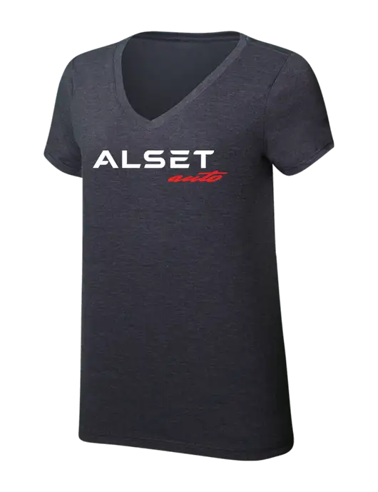 Womens Simply Soft V-Neck Heather Charcoal 4.5oz  Poly/Combed Ring Spun Cotton T-Shirt w/Alset Auto Logo