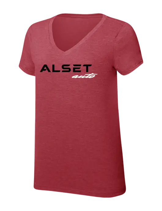 Womens Simply Soft V-Neck Red Frost 4.5oz  Poly/Combed Ring Spun Cotton T-Shirt w/Alset Auto Logo