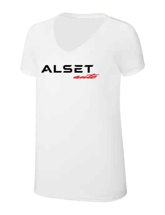 Womens Simply Soft V-Neck White 4.5oz  Poly/Combed Ring Spun Cotton T-Shirt w/Alset Auto Logo