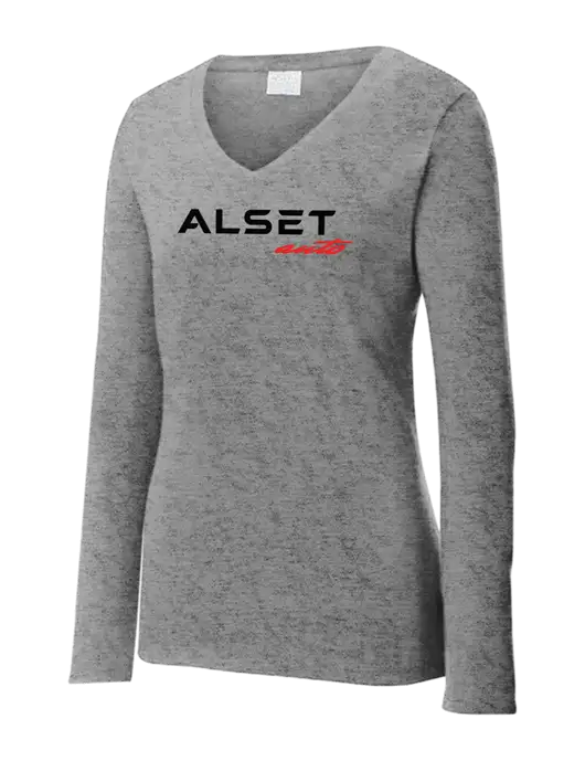 Womens  V-Neck Ring Spun Grey Heather 4.5 oz Long Sleeve T-Shirt w/Alset Auto Logo