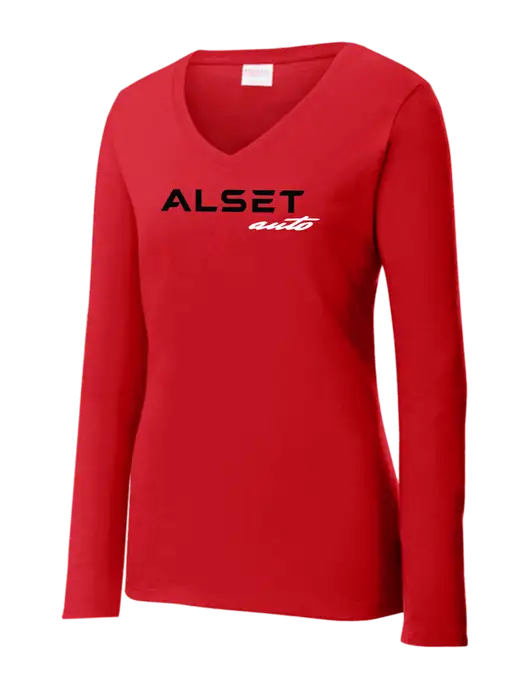 Womens  V-Neck Ring Spun Bright Red 4.5 oz Long Sleeve T-Shirt w/Alset Auto Logo
