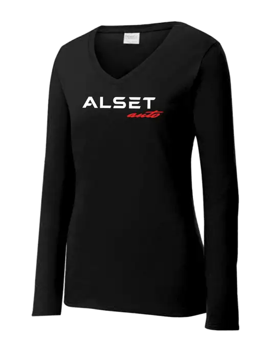 Womens V-Neck Ring Spun Jet Black 4.5 oz Long Sleeve T-Shirt w/Alset Auto Logo