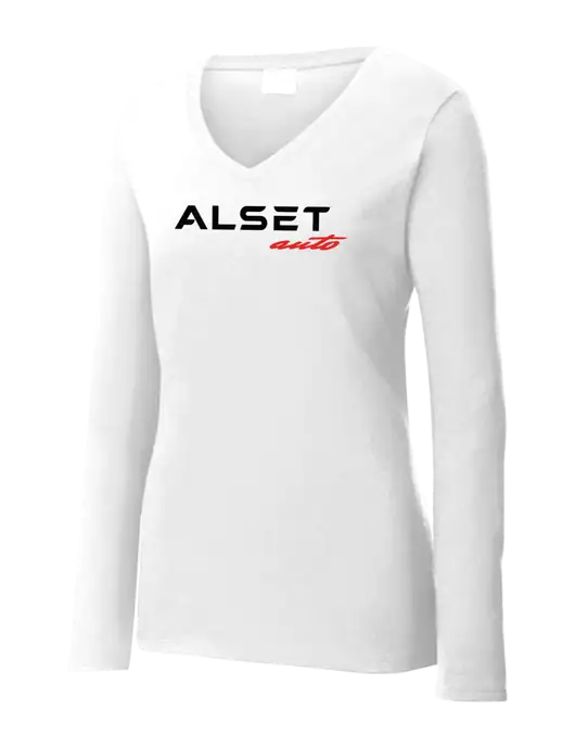 Womens  V-Neck Ring Spun White 4.5 oz Long Sleeve T-Shirt w/Alset Auto Logo