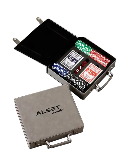 Grey Leatherette 100 Chip Poker Set w/Alset Auto Logo