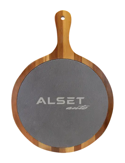 Acacia Wood & Slate Round Cutting Board & Handle 10.5 x 14.5 w/Alset Auto Logo