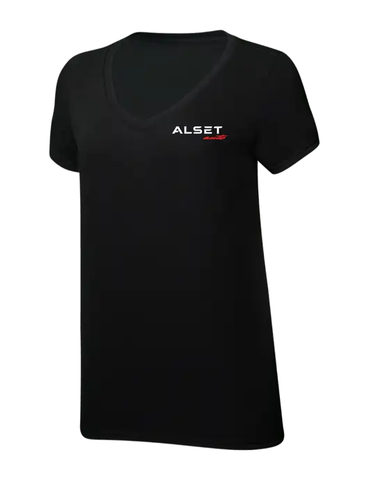 Womens Simply Soft V-Neck Black 4.5oz  Poly/Combed Ring Spun Cotton T-Shirt w/Alset Auto Logo