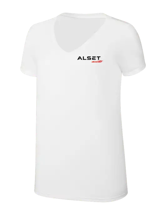 Womens Simply Soft V-Neck White 4.5oz  Poly/Combed Ring Spun Cotton T-Shirt w/Alset Auto Logo