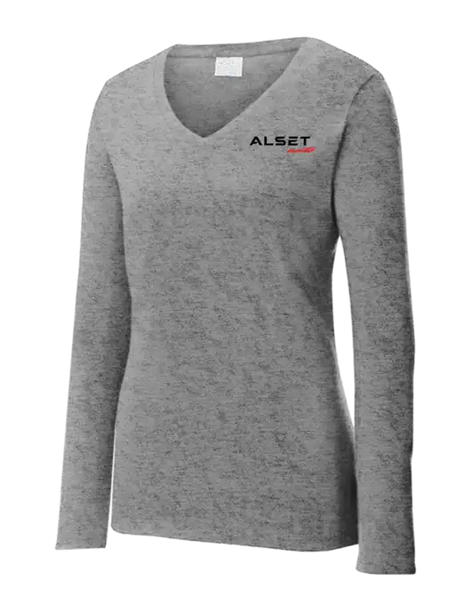 Womens  V-Neck Ring Spun Grey Heather 4.5 oz Long Sleeve T-Shirt w/Alset Auto Logo