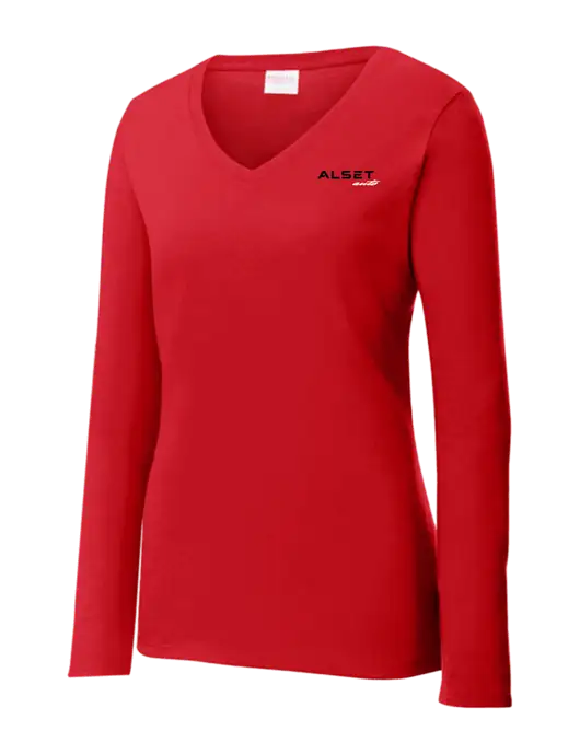 Womens  V-Neck Ring Spun Bright Red 4.5 oz Long Sleeve T-Shirt w/Alset Auto Logo
