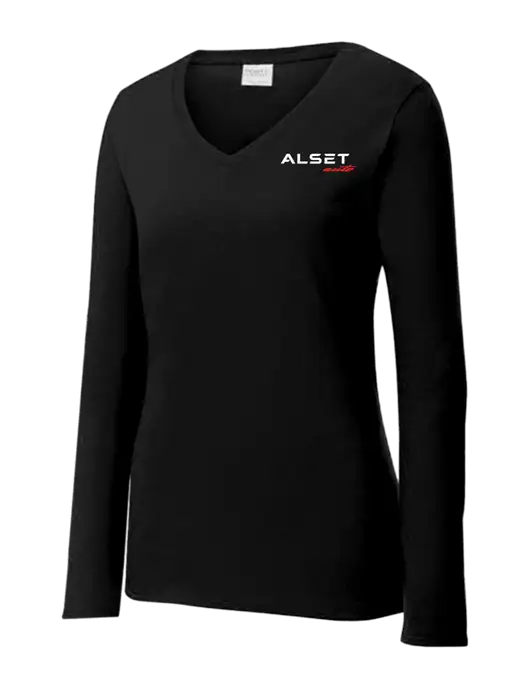 Womens V-Neck Ring Spun Jet Black 4.5 oz Long Sleeve T-Shirt w/Alset Auto Logo