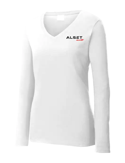 Womens  V-Neck Ring Spun White 4.5 oz Long Sleeve T-Shirt w/Alset Auto Logo